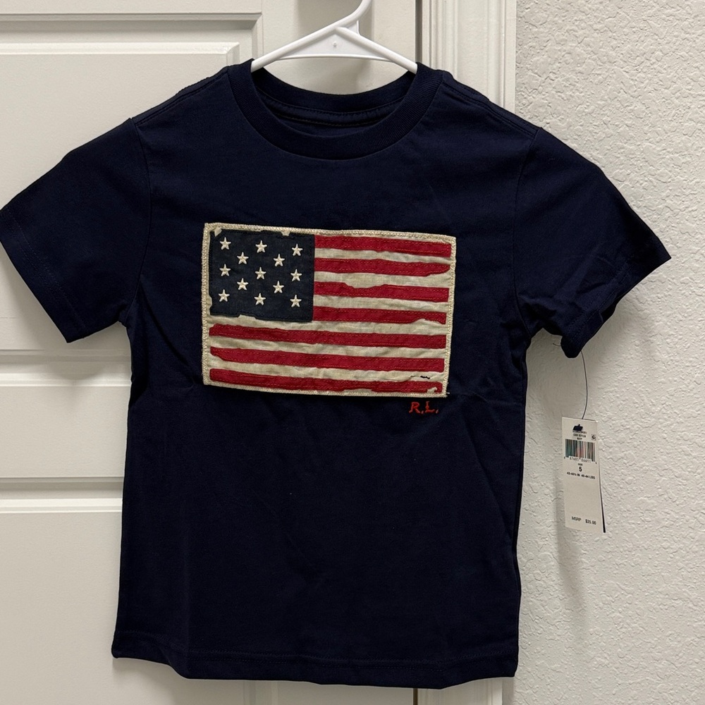 NWT Ralph Lauren Navy Kids Tee with Flag Patch